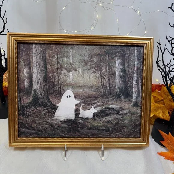 Halloween Ghost Walk Ghost Dog In the Woods Wall Art Gold Frame Viral TikTok - Picture 1 of 7